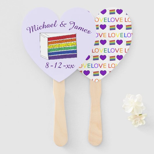 愛はラブレインボー結婚のケーキ紫ハート ハンドファン (正面&裏面)