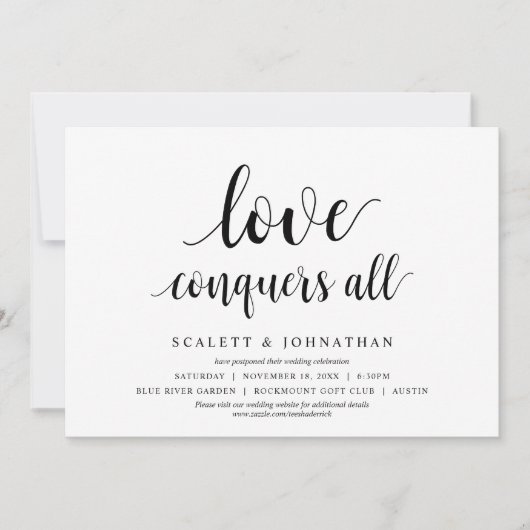 愛は全てに打ち勝つ ウェディング 変更日程カード 招待状 (正面)