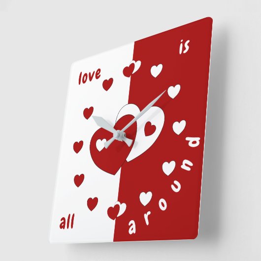 愛は全てのまわりに-赤と白ハート スクエア壁時計 (傾斜)