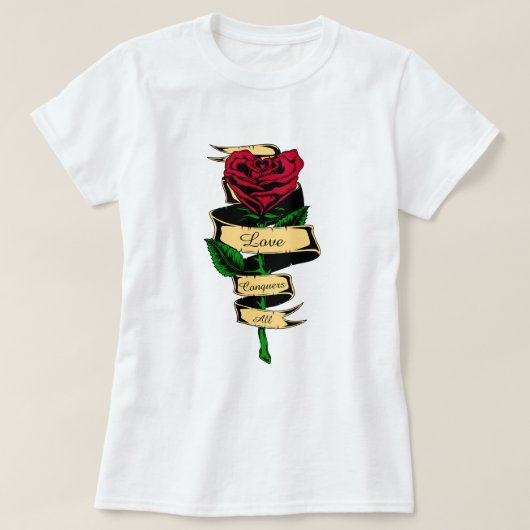 愛は全てを征服する 赤いバラのハートの文字 レディース Tシャツ (デザイン正面)
