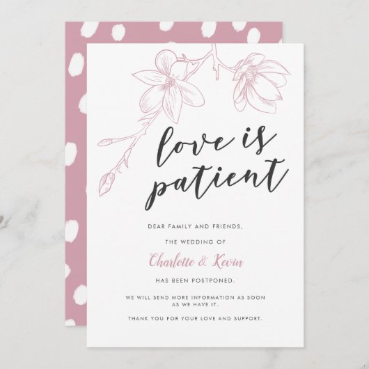 愛は忍耐のピンクの花の結婚延期 案内状 (正面/裏面)