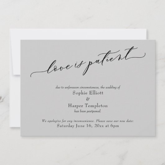 愛は忍耐のライトグレー延期結婚カード 招待状 (正面)