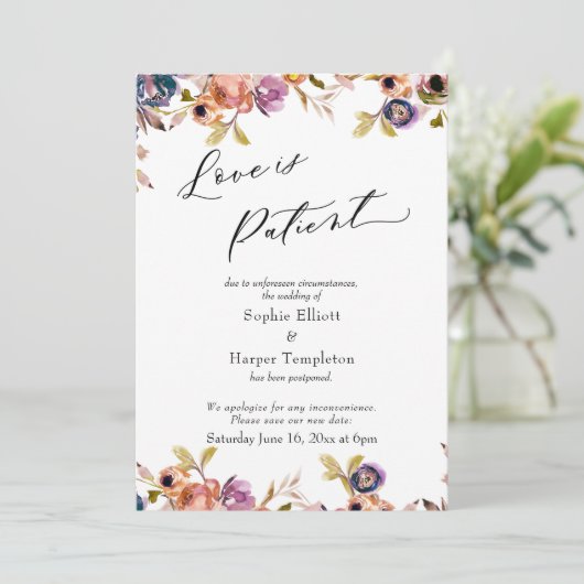 愛は忍耐の花飾り付き延期結婚カード 招待状 (スタンド正面)