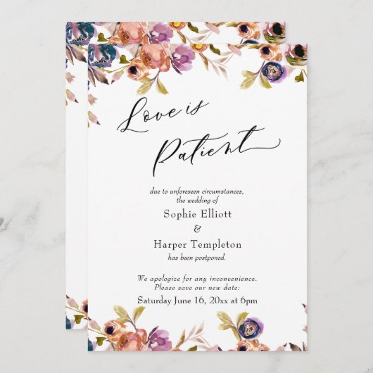 愛は忍耐の花飾り付き延期結婚カード 招待状 (正面/裏面)