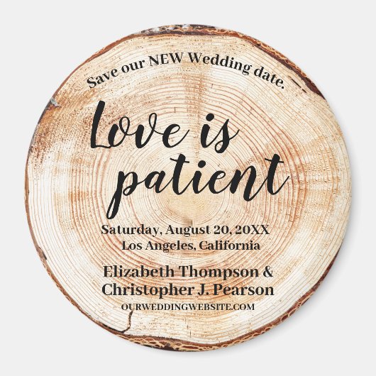 愛は忍耐強いウッドカット救私たちの新しい日付 マグネット (正面)