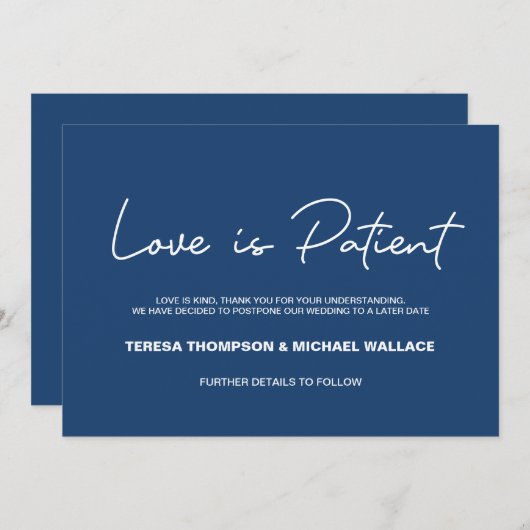 愛は忍耐強いネイビー結婚ルの延期 招待状 (正面/裏面)