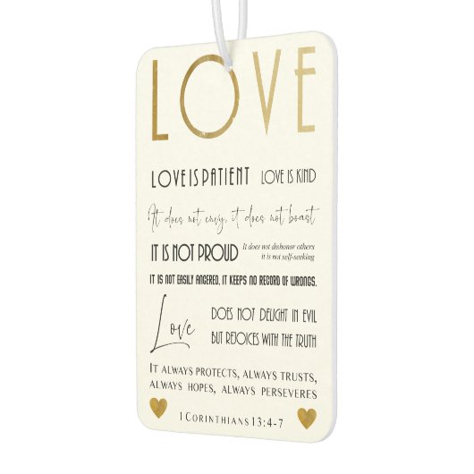 愛は忍耐強いバイブルの詩タイポグラフィ金ゴールドシック カーエアーフレッシュナー (左)