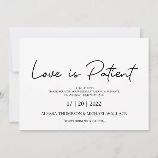 愛は忍耐強い日付の延期結婚変更 招待状 (正面)