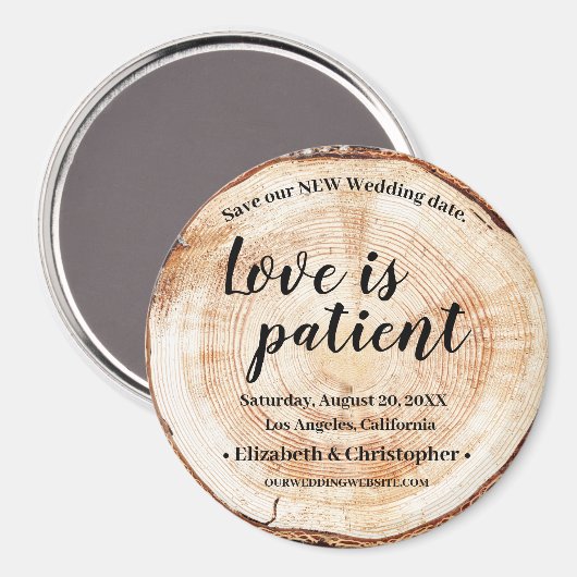 愛は忍耐強い木材ディスク日付を変更結婚する マグネット (正面/裏面)