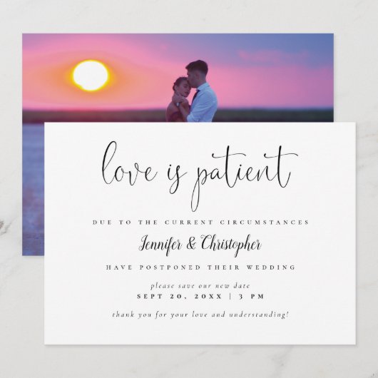 愛は忍耐強い スクリプト フォト 結婚式延期のお知らせ 招待状 (正面/裏面)