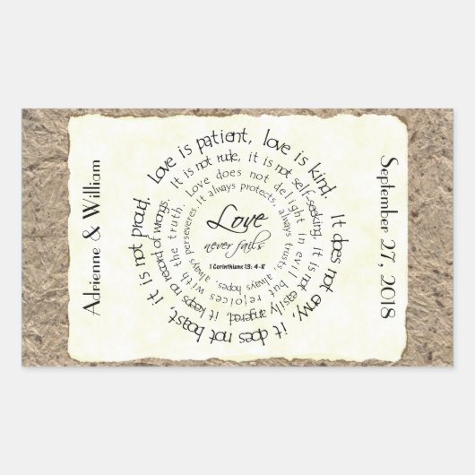 愛は忍耐強い、循環文字の結婚ステッカー 長方形シール (正面)