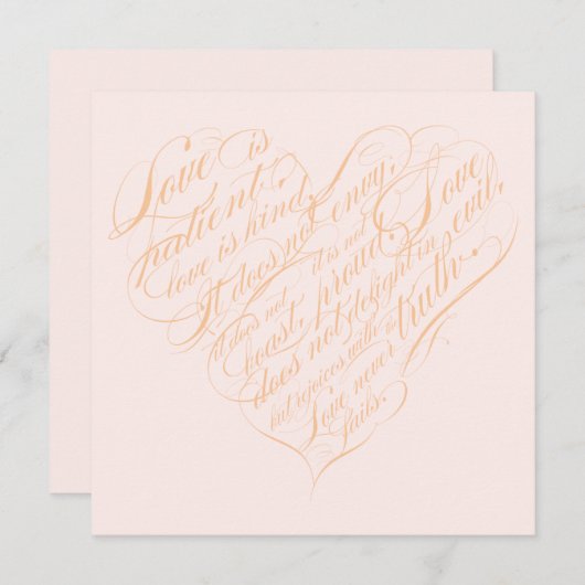 愛は忍耐強い…赤面と金ゴールド書道ハート 招待状 (正面/裏面)