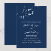 愛は忍耐強い 青と白のスクリプト 延期のお知らせ 案内状 (正面/裏面)