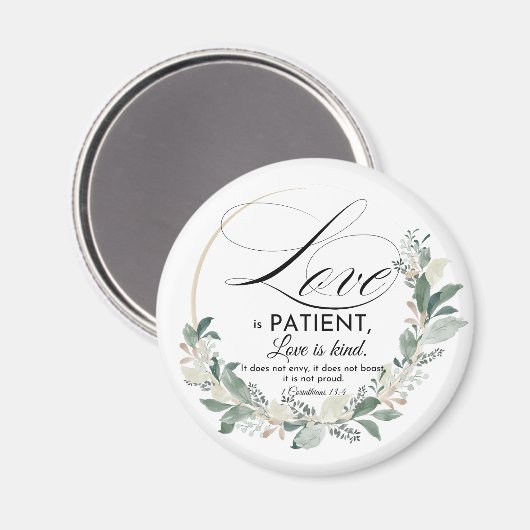 愛は忍耐強い - 1 コリント 13:4 花の葉のリース マグネット (正面/裏面)