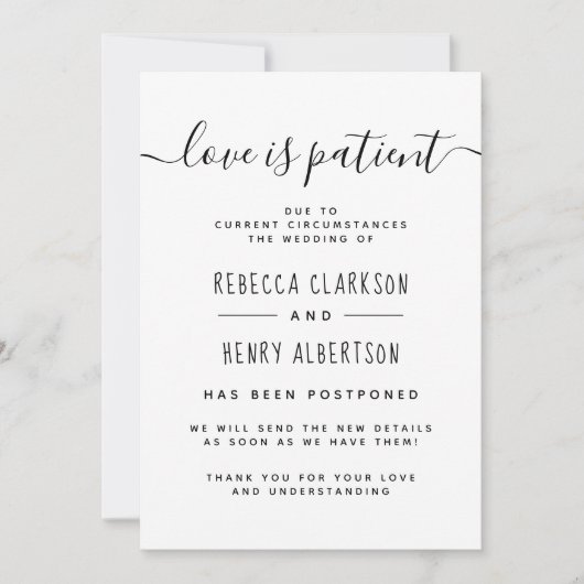 愛は忍耐強く手書き延期さ結婚れた 招待状 (正面)