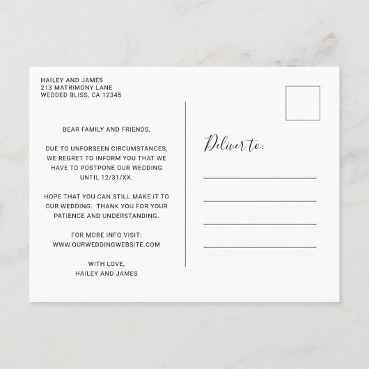 愛は忍耐強く手書結婚きの延期 案内ポストカード (裏面)