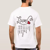 愛は忍耐強く親切なタイポグラフィの赤いハートのモノグラムです Tシャツ (裏面)