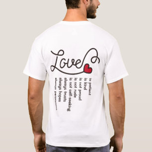 愛は忍耐強く親切なタイポグラフィの赤いハートのモノグラムです Tシャツ