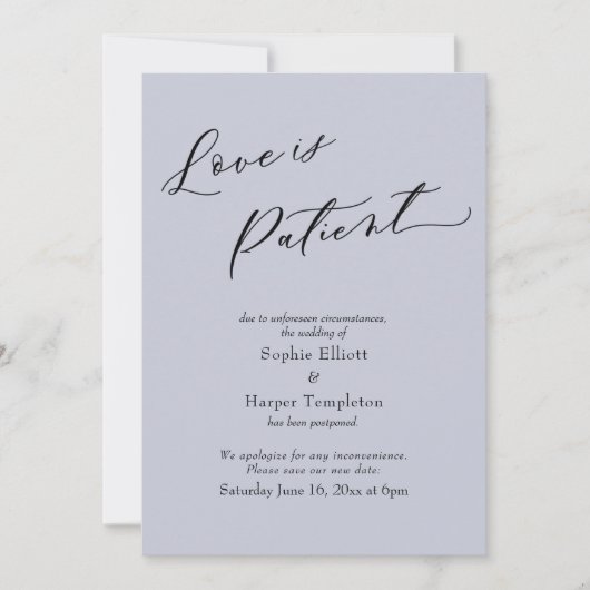 愛は忍耐強く ダスティーブルー 結婚式延期カード 招待状 (正面)