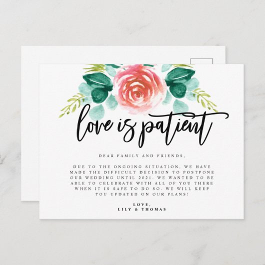 愛は忍耐 ウェディング延期のお知らせ 案内ポストカード (正面/裏面)