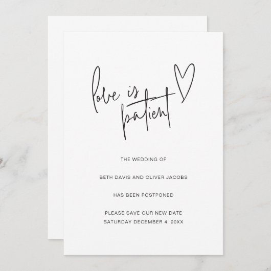 愛は忍耐 ウェディング延期 シンプル招待状 セーブザデート (正面/裏面)