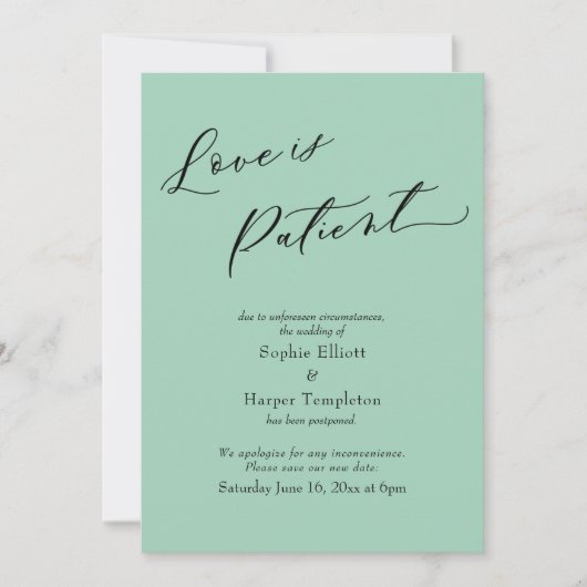 愛は忍耐 深緑色 延期 結婚式カード 招待状 (正面)