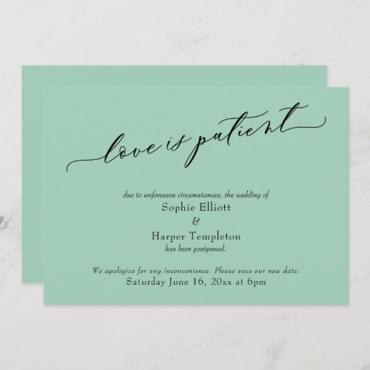 愛は患者のライトグリーン延期結婚のカード 招待状 (正面/裏面)
