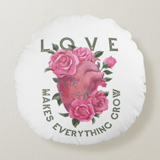 愛は成長すべてを作る – ロマンチックなフローラアート ラウンドクッション (正面)