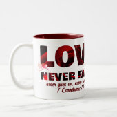 愛は決してクリスチャンの写真を失敗しない ツートーンマグカップ (左)