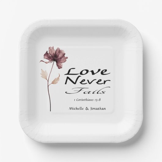 愛は決して失敗しない バイブル ワインレッド フラワー ウェディング ペーパープレート (正面)