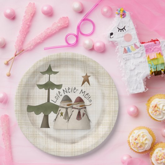 愛は決して溶けない雪だるまカップルのプレイド ペーパープレート (パーティー)