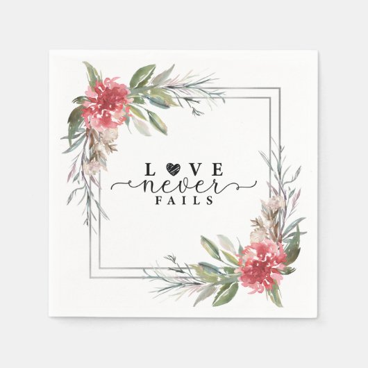 愛は決して聖書の聖句ピンクの花の緑を失敗しない スタンダードカクテルナプキン (正面)