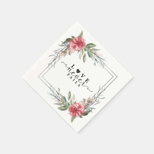 愛は決して聖書の聖句ピンクの花の緑を失敗しない スタンダードカクテルナプキン (角)