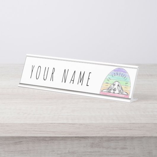 愛は犬のすべての虹のバセットハウンドを征服する デスクネームプレート (正面)