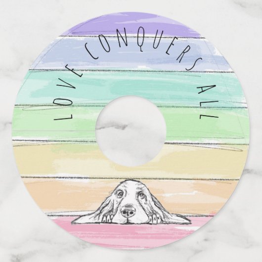 愛は犬のすべての虹のバセットハウンドを征服する ワイングラスタグ (正面)