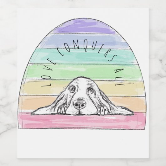 愛は犬のすべての虹のバセットハウンドを征服する ワインラベル (シングルラベル)