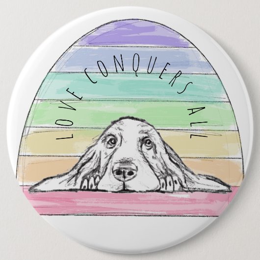 愛は犬のすべての虹のバセットハウンドを征服する 缶バッジ (正面)