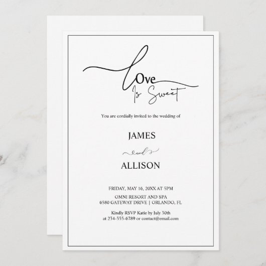 愛は甘いミニマエレガントリストシンプルの結婚もの 招待状 (正面/裏面)