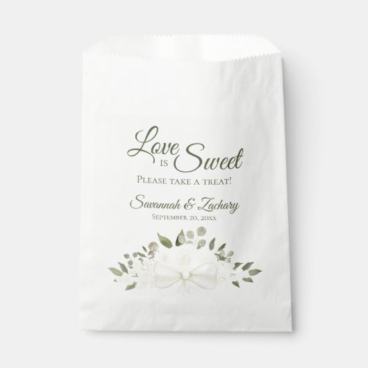 愛は甘い白のバラ花束エレガントな結婚式 フェイバーバッグ (正面)