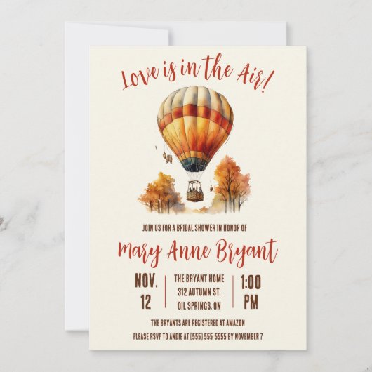 愛は空気の中にある熱気球ブライダルシャワー 招待状 (正面)