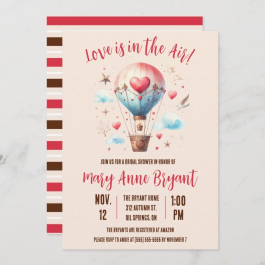 愛は空気の中にある熱気球ブライダルシャワー 招待状 (正面/裏面)