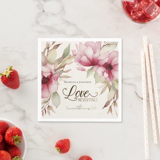 愛は絶対に聖書の聖句ピンクのフローラに失敗しない スタンダードカクテルナプキン (インサイチュ)