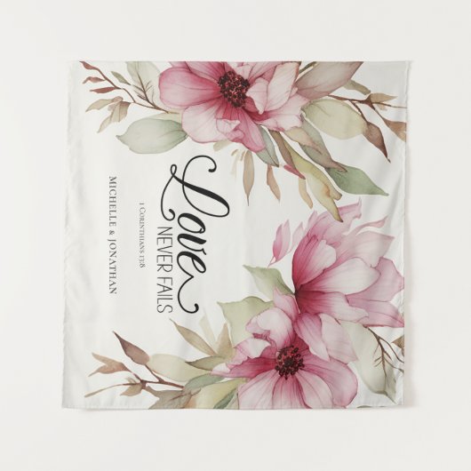 愛は絶対に聖書の聖句ピンクのフローラに失敗しない タペストリー (正面(横))