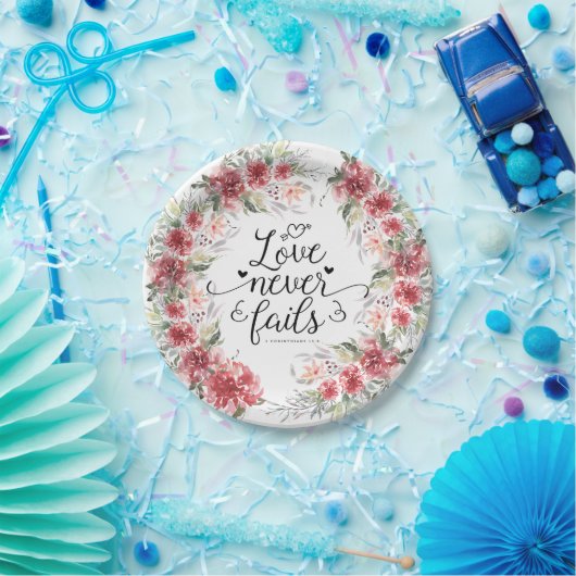 愛は絶対に聖書の聖句ピンクのフローラリース ペーパープレート (パーティー)