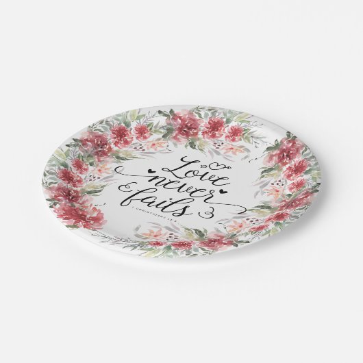 愛は絶対に聖書の聖句ピンクのフローラリース ペーパープレート (アングル)