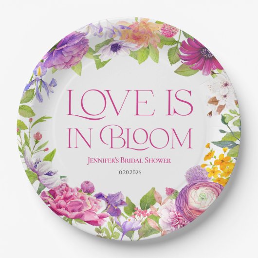 「愛は花開く」ウォーターカラーフラワーブライダルシャワープレート ペーパープレート (正面)