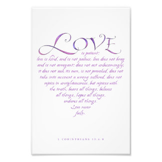 愛は親切な引用文タイポグラフィブルー/パープルハート フォトプリント           