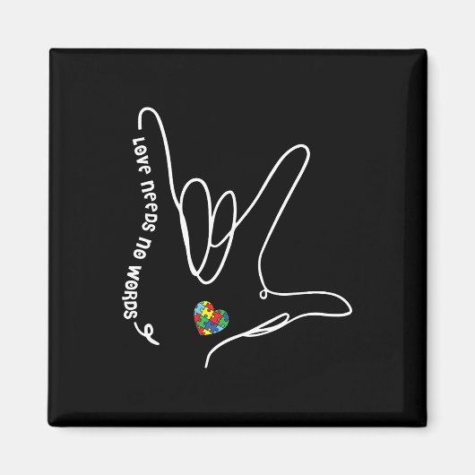 愛は言葉を必要としないASLパズルピースハート自閉症 マグネット (正面)