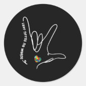 愛は言葉を必要としないASLパズルピースハート自閉症 ラウンドシール (正面)