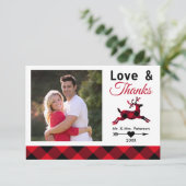 愛は赤いバッファローの格子縞の白い休日の写真を感謝していしています サンキューカード (スタンド正面)